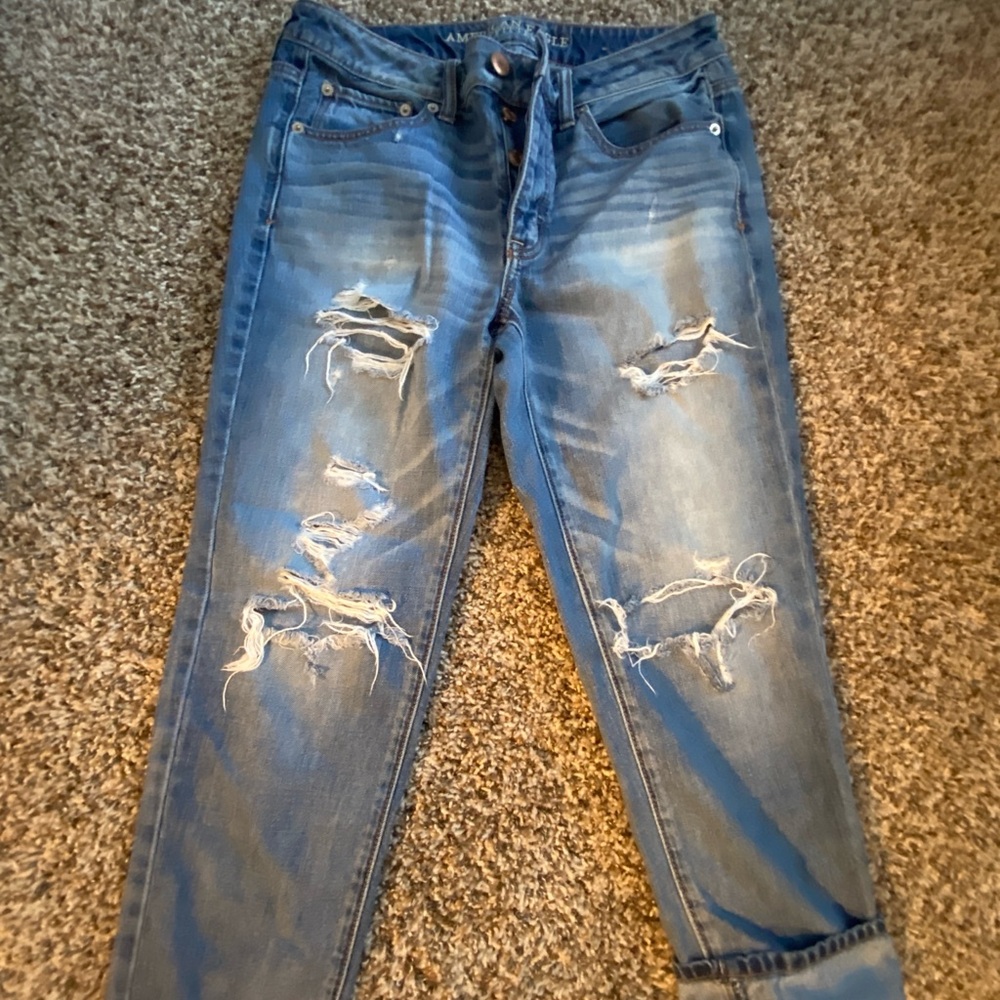 American Eagle Outfitters Distressed Medium Blue Boyfriend Jeans